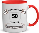 Akyol - 50 vintage old timer koffiemok - theemok - rood - 49+1 - mensen die 50 zijn geworden - 50 jaar sarah en abraham cadeau - jubileum man en vrouw - mok met opdruk - verjaardagsmok - grappige tekst mok - jarig - verjaardag - 350 ML inhoud
