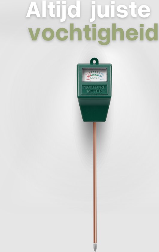 Groene vochtmeter met koperen pin. Meting van 1 tot 10, van droog tot nat. "Altijd juiste vochtigheid"