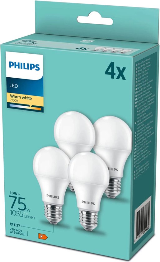 Philips CorePro LEDbulb A60 E27 10W 2700K 1055lm 230V - 4-Pack - Warm Wit