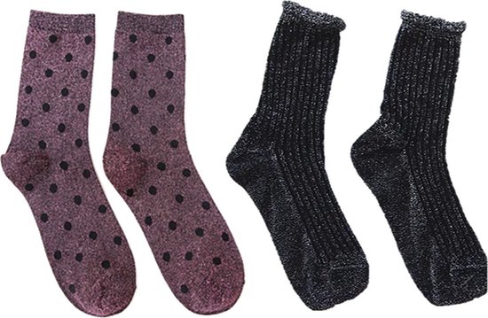 Ensemble de chaussettes Glitter - Lot de 2 - 2 paires de chaussettes - Argent - Rose à pois - Taille unique
