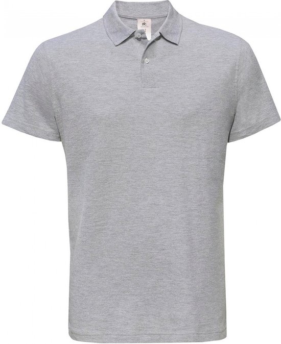 Grijs gemêleerd poloshirt met korte mouwen, kraag en knoopsluiting.