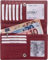 Bordeauxrode leren portemonnee open met eurobiljetten, creditcards, fotovak en LeonDesign logo.