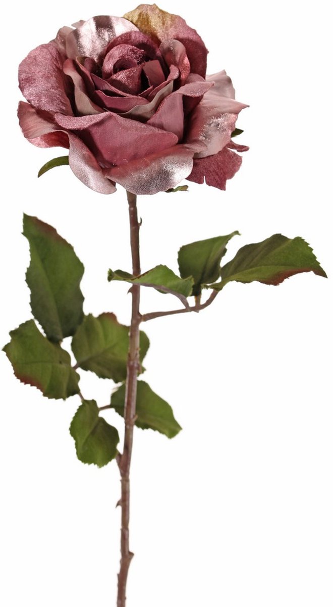 Top Art Kunstbloem roos Glamour - donker roze - satijn - 61 cm - kunststof steel - decoratie bloemen Donkerroze