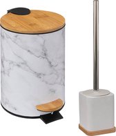 Badkamer/toilet accessoires set - WC-borstel in houder en prullenbak - wit - bamboe - 3 liter