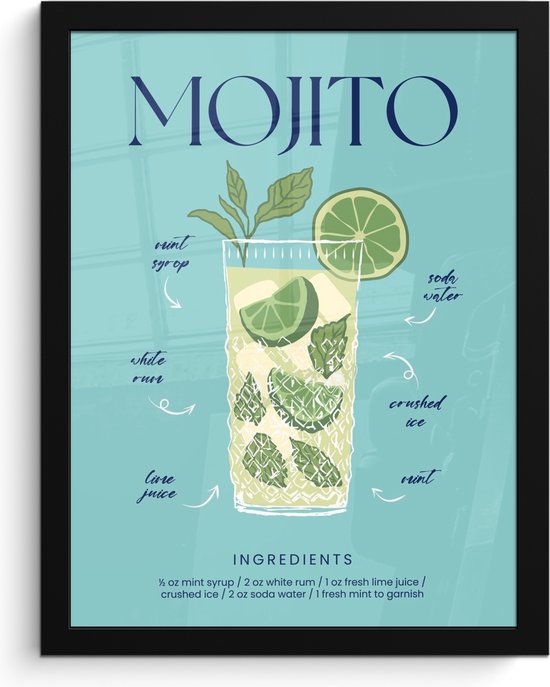 Fotolijst incl. Poster - Vintage - Mojito - Groen - Cocktail - Blauw - Posterlijst