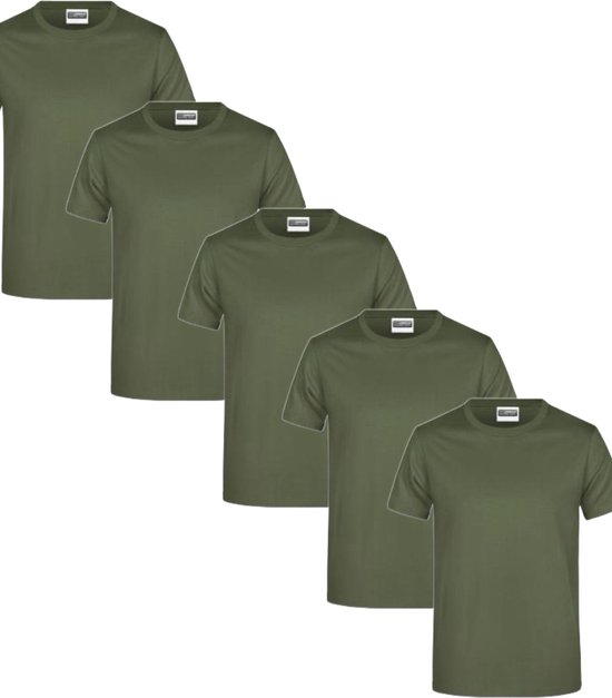 James & Nicholson 5 Pack Olive T-Shirts Heren, 100% Katoen Ronde Hals, Ondershirts Maat L