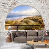 Fotobehangkoning - Behang - Vliesbehang - Fotobehang Uitzicht op de Duinen vanaf het Terras 3D - Hidden Beach - 150 x 105 cm