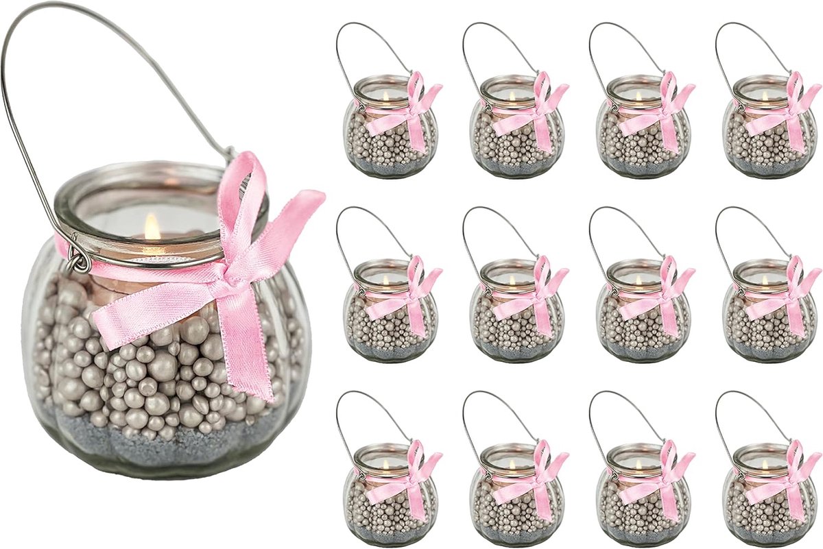 Merkloos 12 x kleine decoratieve vaas strik wit of roze theelichtglazen tafel-vasen decoratie windlicht theelichtglazen bruiloft party set fles helder (12 x roze strikken)