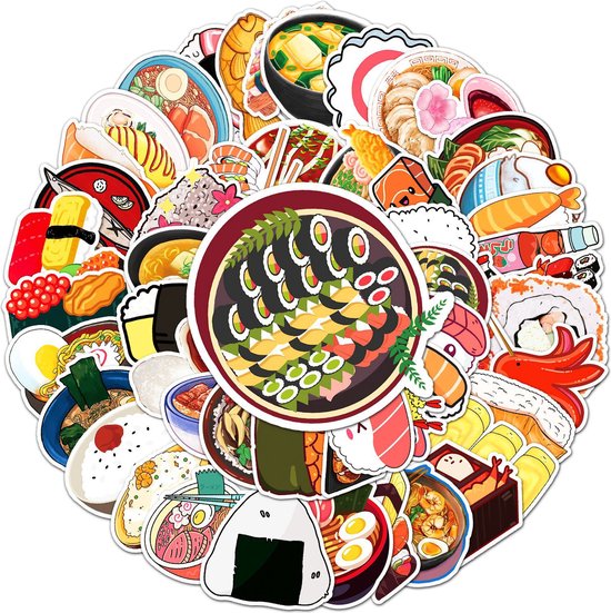 Autocollants Sushi & Nouilles - mix 50 pièces - Thema: Plats japonais/Cuisine asiatique - 5x6CM
