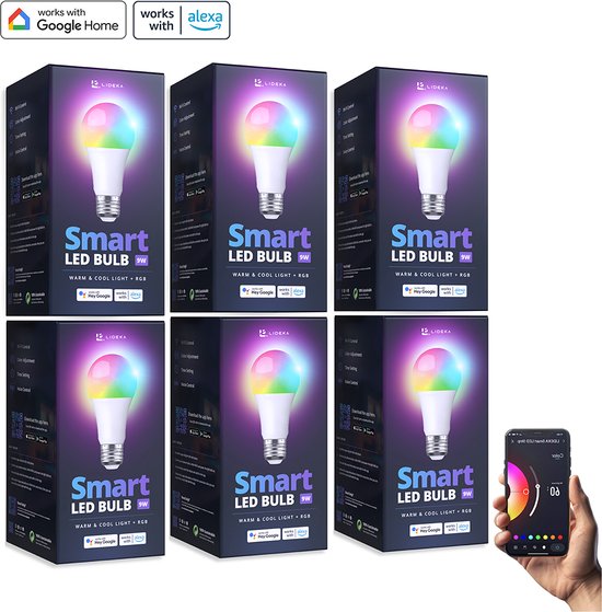 Lideka® - Zesdelige Set Slimme LED Lampen - E27 9W - RGBW - App-Bediening - Verstelbare Kleurtemperatuur (2700K-6500K) - Geavanceerde Smart LED Verlichting - Dimbaar - Geschikt voor Google & Alexa