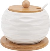 Pots à épices en céramique, sucrier blanc, bol à sel avec couvercle en bambou et cuillère, support à épices pour la maison, la cuisine, la table à manger (type 1)