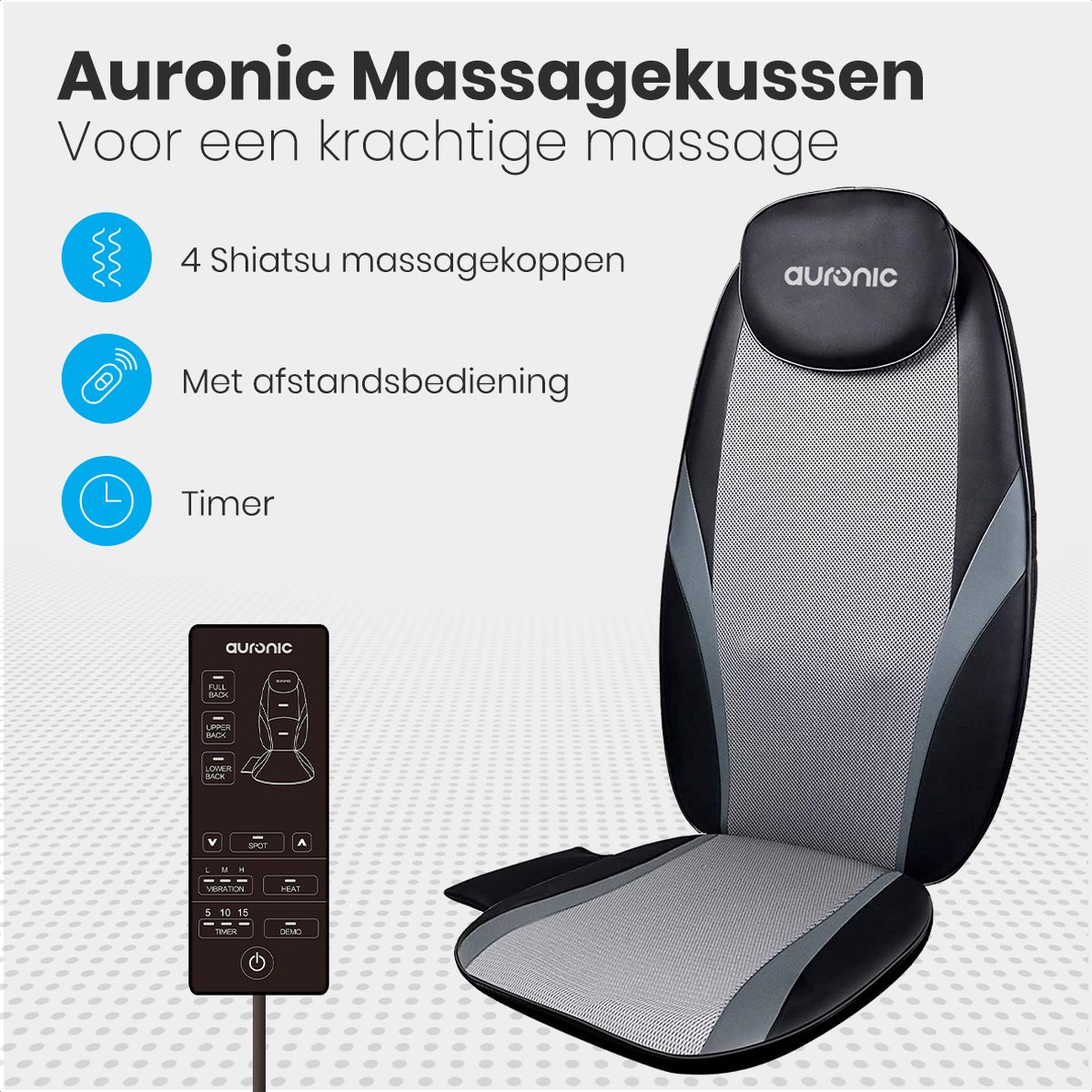 Afbeelding 2 van Auronic Shiatsu Massagekussen - Massagestoel - Massage apparaat - Massage Stoel - Rug - Infrarood - Zwart