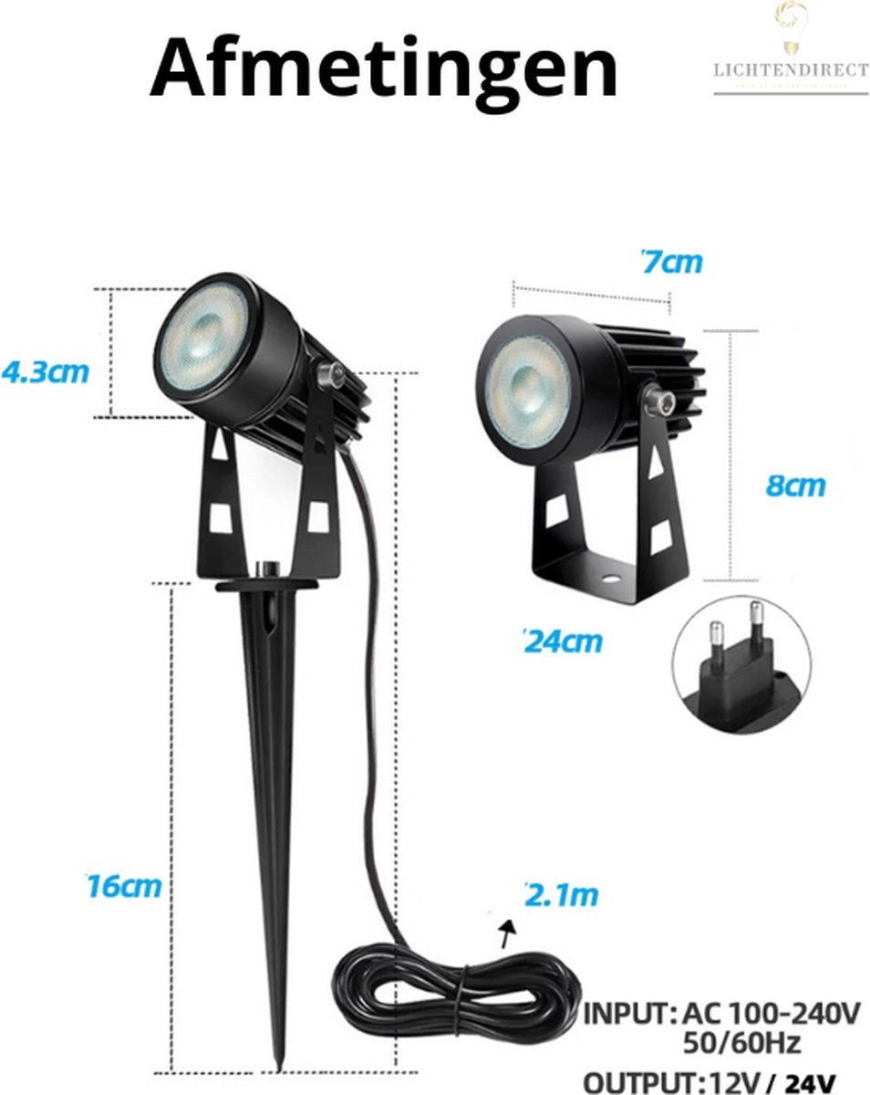 Led-tuinverlichting, 6-in-1 tuinspot, stroom met 20 m kabel, 3000 K