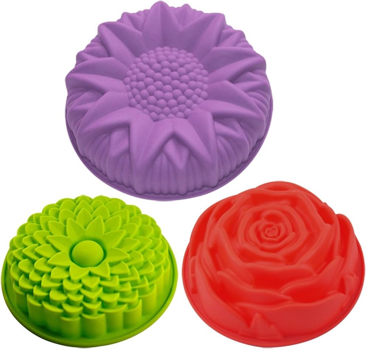 3 siliconen vormen met bloemenpatroon, taartvorm, broodvorm, grote ronde zonnebloem, chrysant, roze - geel, rood, violet