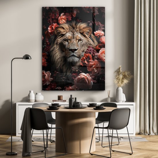 MuchoWow® Glasschilderij 90x120 cm - Schilderij acrylglas - Leeuw - Dier - Natuur - Botanisch - Bloemen - Roze - Foto op glas - Muurdecoratie woonkamer - Wanddecoratie slaapkamer - Schilderijen