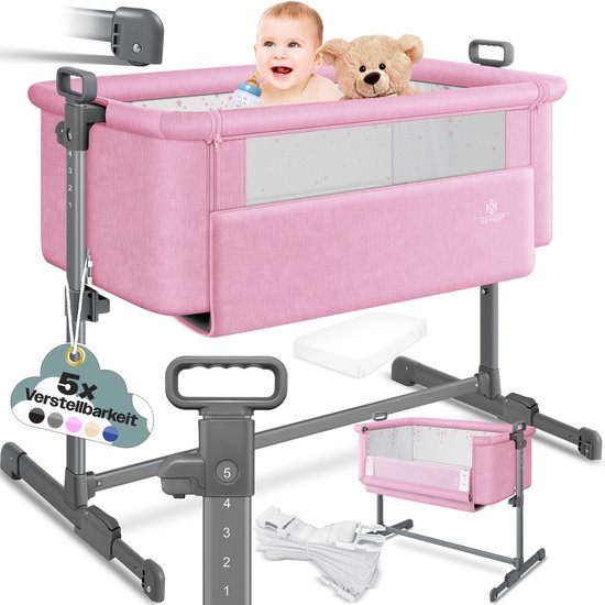 KESSER® Ledikant / Co-Sleeper / Babybed / Co Sleeper Wieg Hubi 3in1 Reisbed Babybed met zachte matras, met wielen, 5-voudig in hoogte verstelbaar, inklapbare zijwand voor thuis en onderweg - Roze