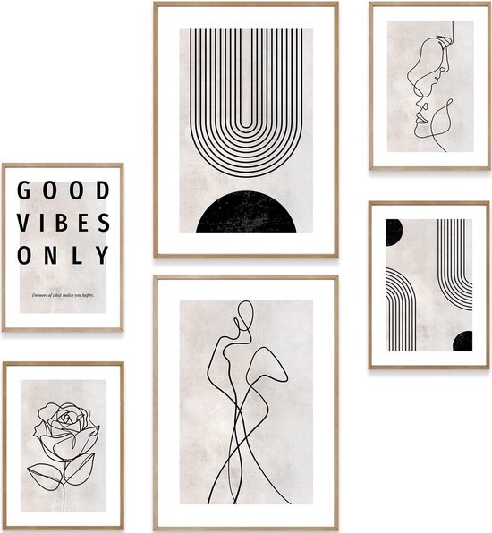 Hyggelig Home Posterset, 7 bij elkaar passende afbeeldingen, collage, wanddecoratie, 3 stuks DIN A3 en 4 stuks DIN A4, set Beige, zonder lijst