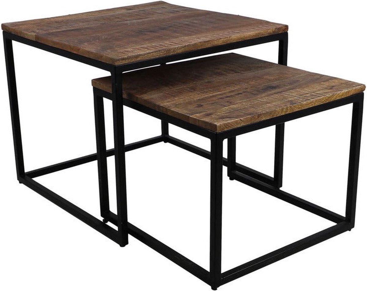 Wood Selections Bijzettafel Metaal met Hout Bijzettafeltje Woonkamer Tafeltje set van 2 Woonkamertafeltje Salontafel Woonkamertafel Bijzet tafel Sidetable 60x60x41