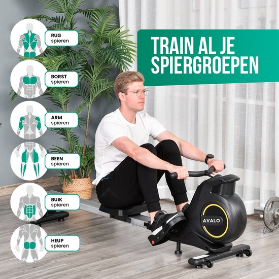 Man op zwarte Avalo roeitrainer, met iconen die rug, borst, arm, been, buik en heup spieren trainen.