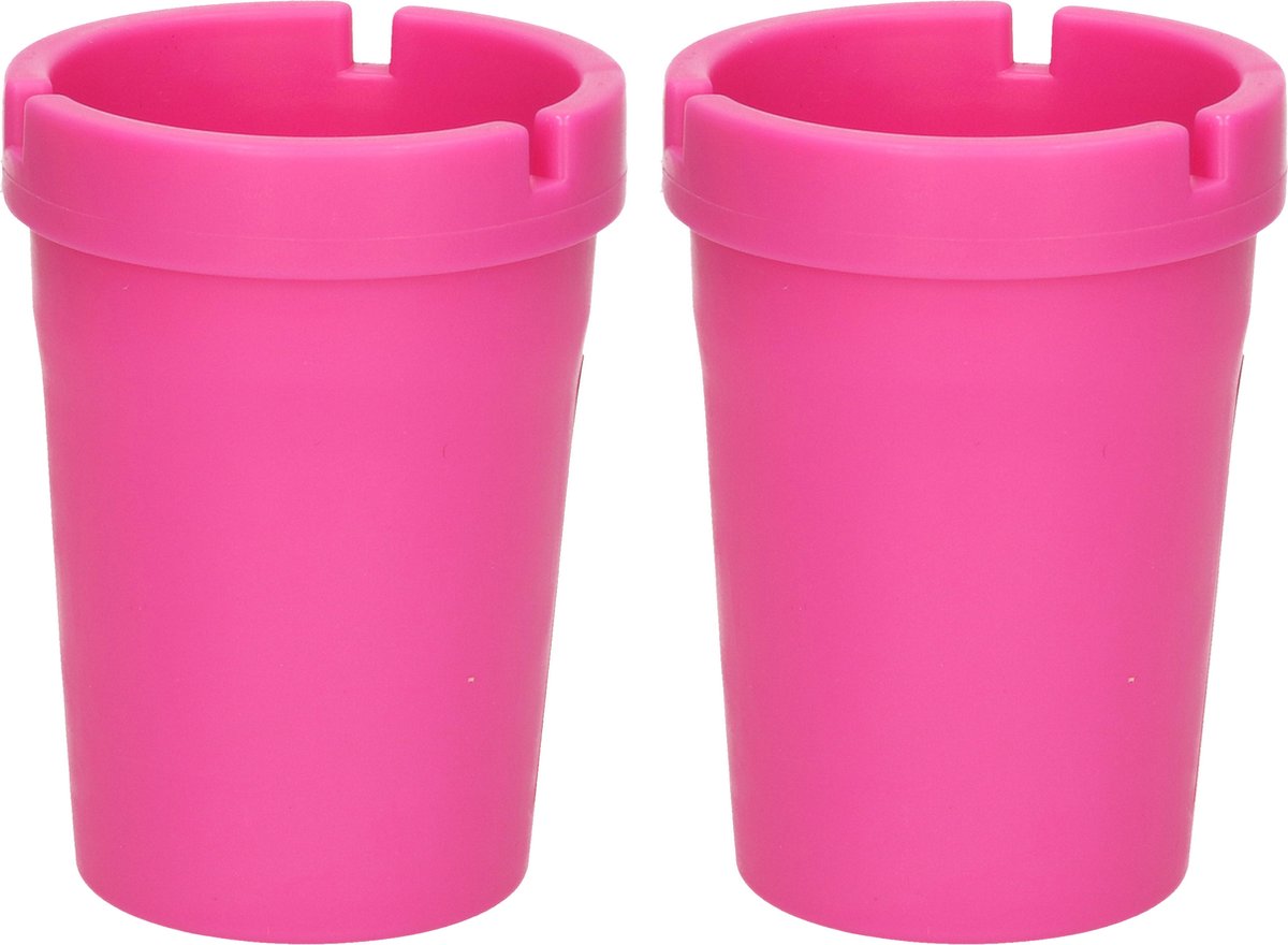 Goedkoopste Auto/strand/tuin asbak met deksel - 2x - kunststof - roze - 11 x 8 cm