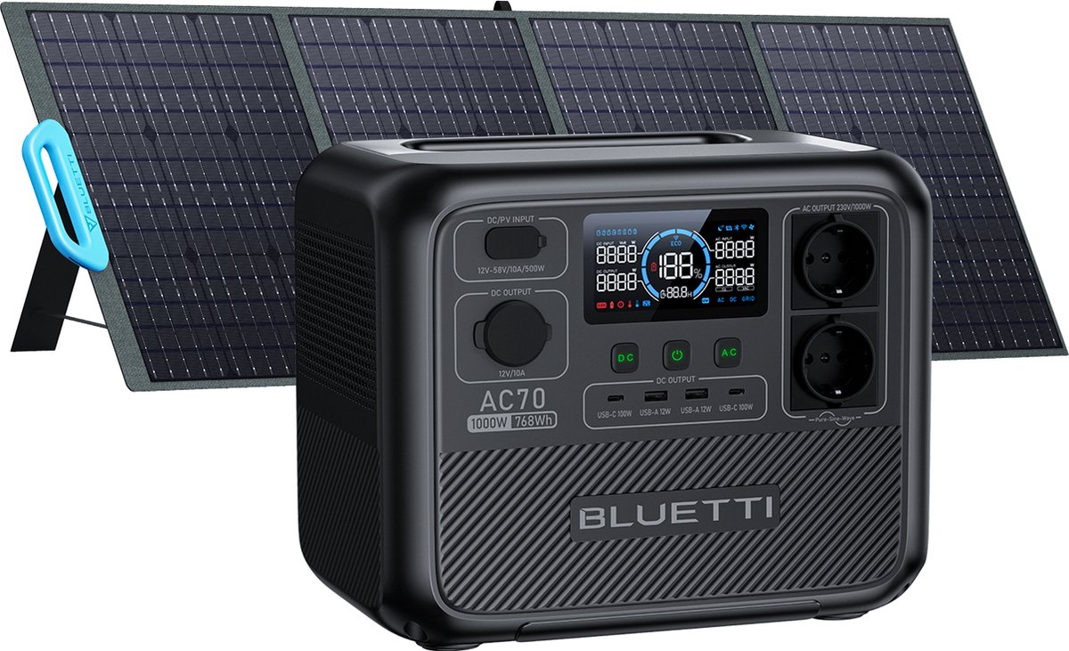 Bluetti AC70+PV200-Draagbare Powerstation-768Wh LiFePO4 zonnegenerator met 2 1000W AC uitgangen voor reizen kamperen