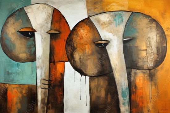 JJ-Art (Canvas) 120x80 | Olifanten, abstract, Picasso stijl, modern surrealisme, kunst | dier, olifant, Afrika, blauw, bruin, brons, rood, wit, modern | Foto-Schilderij canvas print (wanddecoratie)