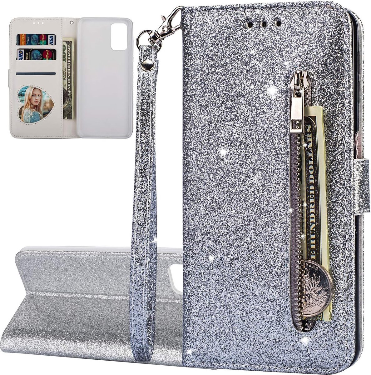 Portemonne hoesje voor Samsung Galaxy A41 - bling glitter Bookcase met ritsvak en kaarthoudersleuf - beschermhoesje voor Samsung Galaxy A41 - zilver