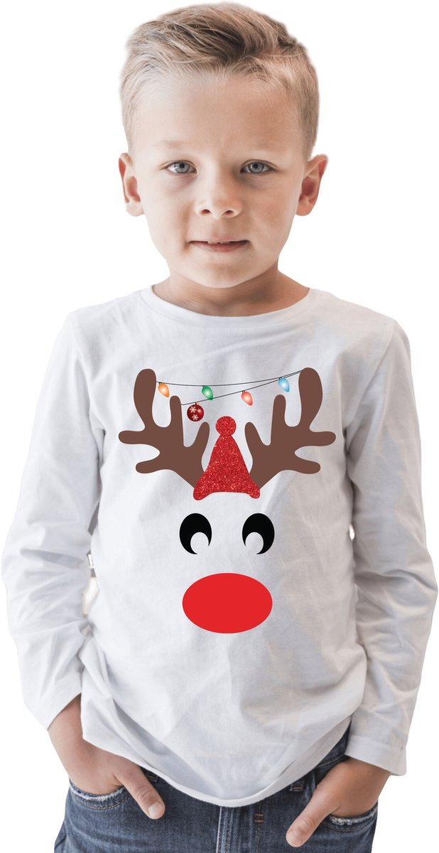 Kids (unisex) Rudolph Reindeer T-shirt / Foute Kerstkleding / Ugly Christmas | Familie Bijpassende Glitter Outfit | Wit | Maat 122/128