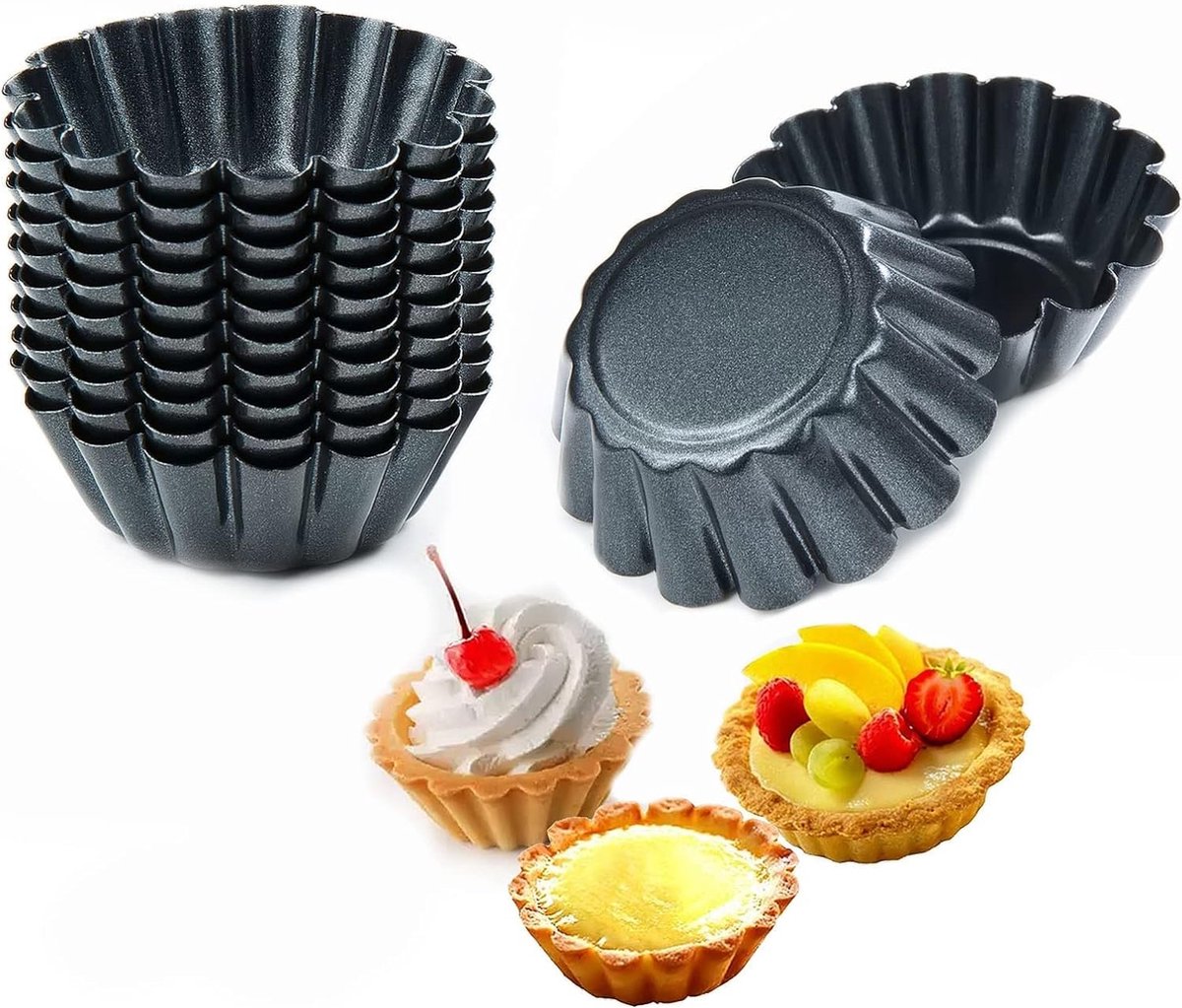 Muffin vorm, 12 stuks mini-taartvormen van koolstofstaal, taartvormen, antiaanbaklaag, muffinvorm, koolstofstaal, tartelette vormpjes, herbruikbaar (02)