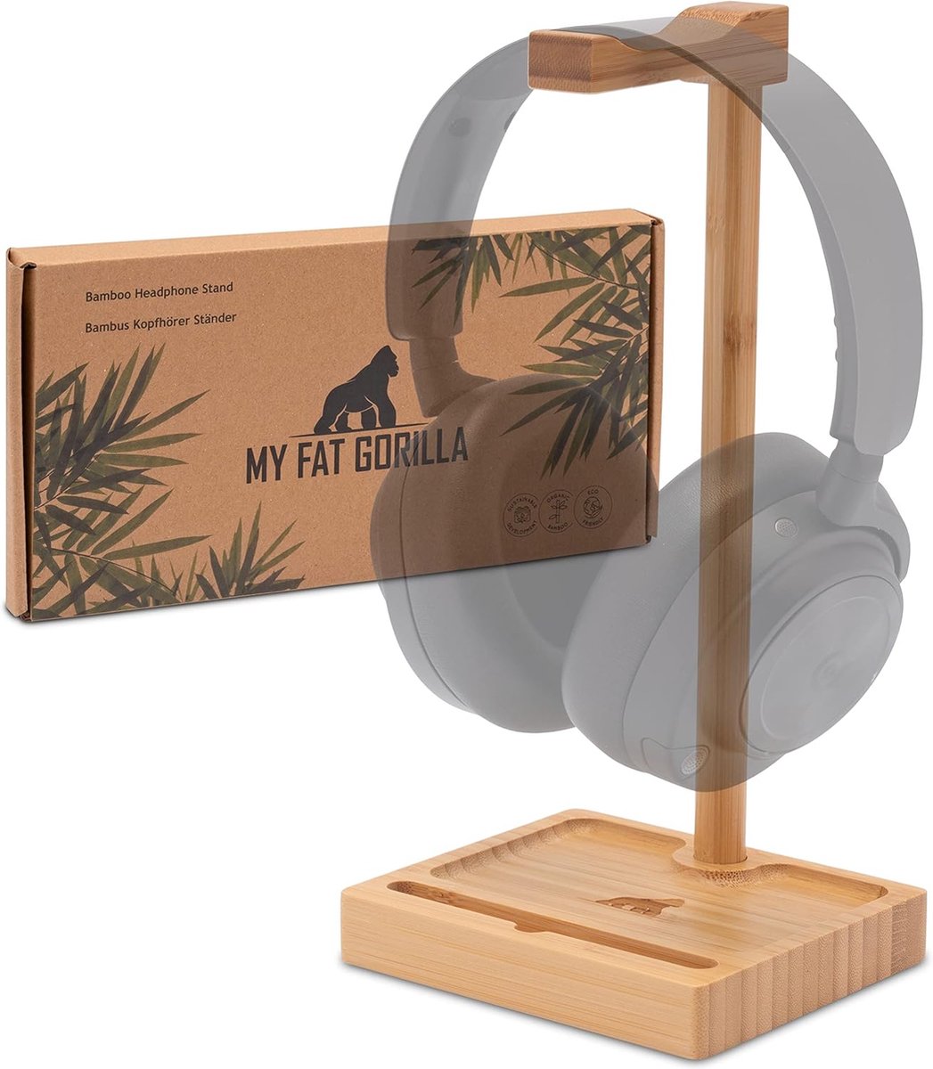 Hoofdtelefoonstandaard van bamboe, hoofdtelefoonhouder met smartphonestandaard, headphonestandaard met plank, hoofdtelefoonstandaard van hout, duurzame hoofdtelefoonstandaard,