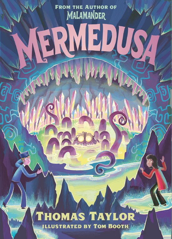 Boekomslag 'Mermedusa' met 'Van de auteur van MALAMANDER' boven de titel. Twee kinderen staan aan weerszijden van een monster met tentakels in water omringd door kristallen.
