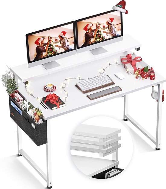 ODK Desk with Monitor Stand, Height Adjustable, Computer Desk with Storage Bag, PC Table with Headphone Holder, Small Office Table for Home Office (100 x 50 x 74 cm, White)