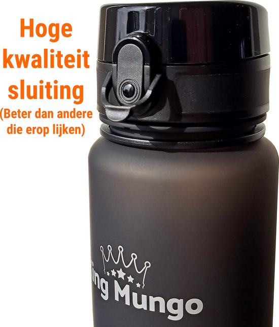 Close-up van de matzwarte dop van een King Mungo drinkfles met een veilige sluiting.