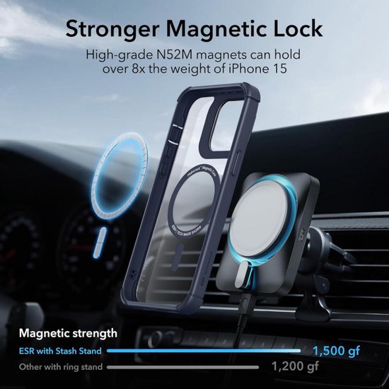 Coque ESR Armor Tough HaloLock adaptée à Apple iPhone 15 | Compatible avec MagSafe | avec béquille de rangement | Protection complète | Protection Extra de la caméra | Bleu transparent
