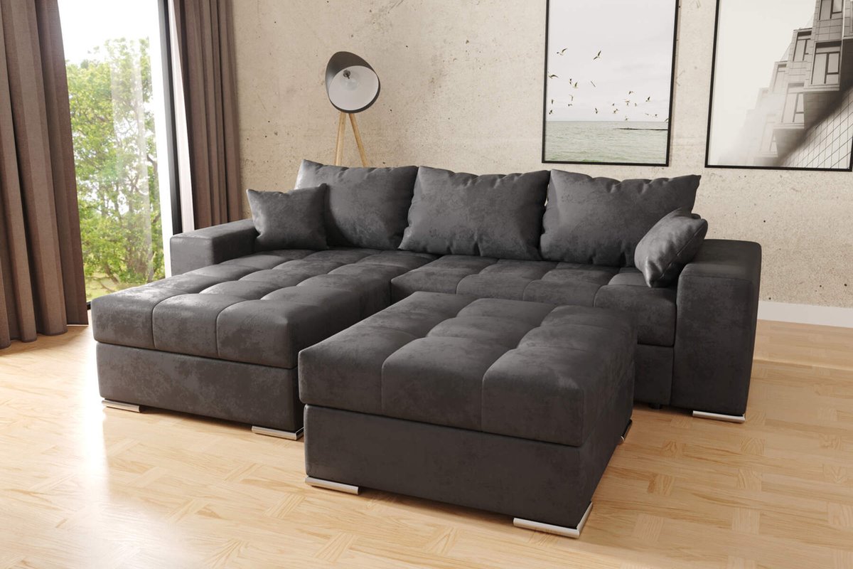 hoekbank josua L + poef- vintage zwart- met opbergruimte en slaapfunctie-seatsandbeds