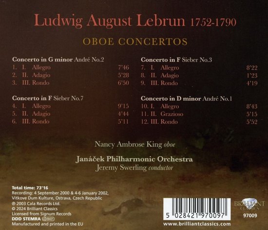 Boekje van 'Ludwig August Lebrun 1752-1790 Oboe Concertos'. Tracklist met 'Nancy Ambrose King oboe', 'Janáček Philharmonic Orchestra', 'Jeremy Swerling conductor'.