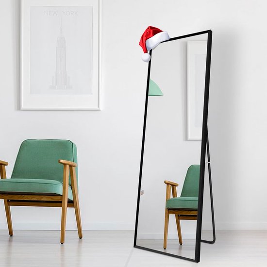 AUFHELLEN Wall Mounted Full Body Mirror with Black Metal Frame, Standing Mirror, 140 x 40 cm, Large Mirror for Bedroom, Living Room, Hallway and Wardrobe, Rectangular