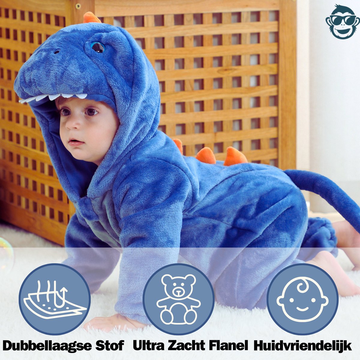 BoefieBoef Dieren Baby Onesie Peuter Pyjama Kinderen 6 maanden tot 2 jaar – Dinosaurus – Verkleedkleding met Luierrits – Carnaval Dierenpak - Halloween en Kraamcadeau - Zacht Flanel - Romper - Boxpak - Jongens - Meisjes - Kruippak - blauw — afbeelding 5