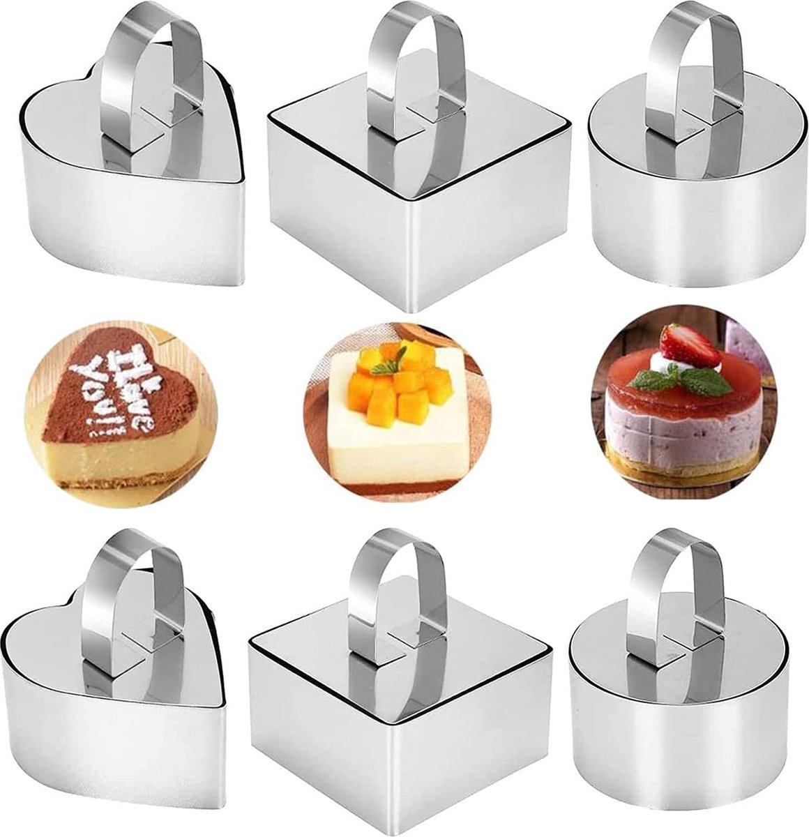 Taartring Kleine Mousseringen Dessertringen Bakring RVS Cakevorm Voedselringen Dessertvorm met Pusher Pack van 6 (Rond & Hart & Vierkant)