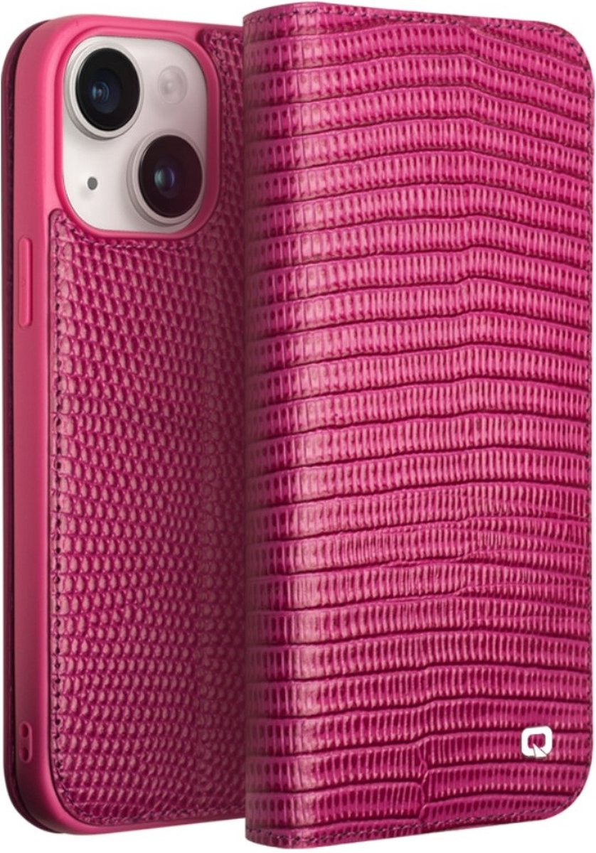 Qialino - Geschikt voor iPhone 15+ / 15 Plus - Leren bookcase hoes - Croco Roze