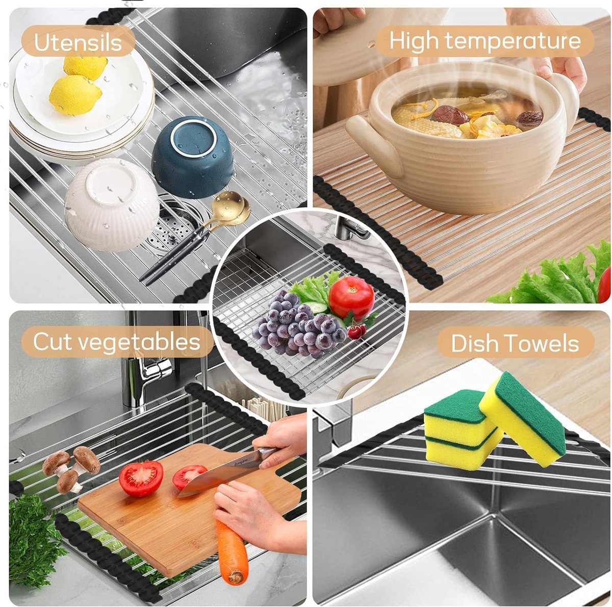 Goedkoopste Drainer Sink 43 x 35 cm Drainer Foldable Triangular Dish Drainer Crockery Foldable Black Stainless Steel Sink Drainer Over the Sink