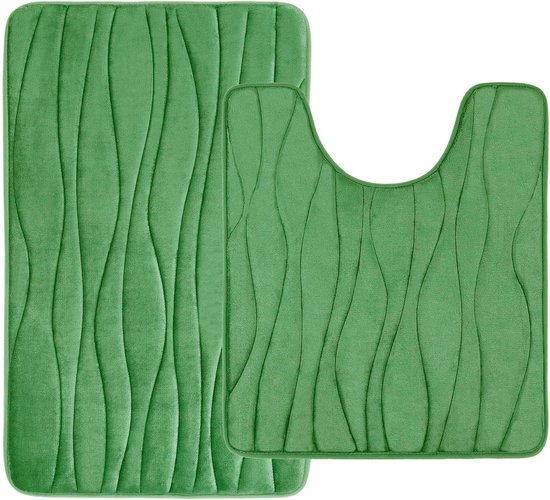 Ensemble de tapis de bain 2 pièces, mousse à mémoire de forme, tapis de toilette avec évidement, absorbant, antidérapant, lavable, 2 pièces, vert