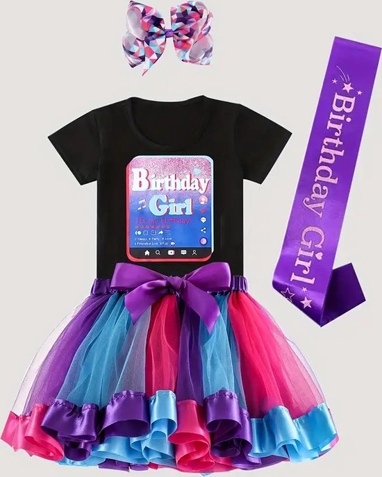 Verjaardags Outfit Meisje - 4 Delig - Tutu Rok & Lint & Hoofdband Set Voor Verjaardagsfeestje Kinderen - Leeftijd 4 - 5 Jaar -