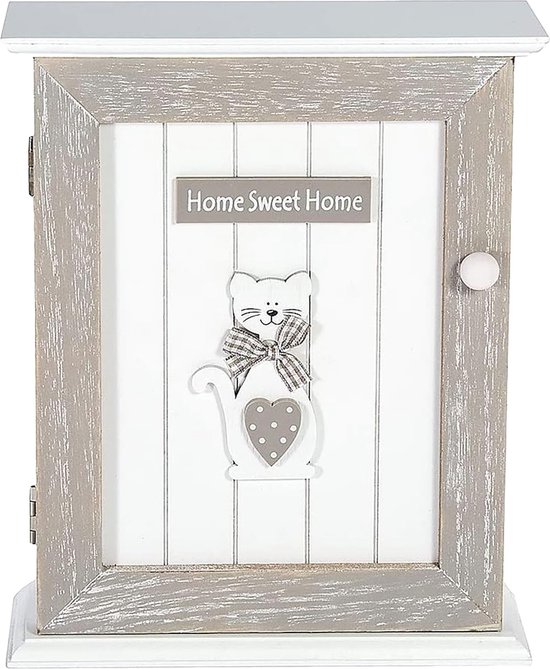 Houten sleutelkast met 6 haken - sleutelbox met kattenmotief en "Home Sweet Home"-opschrift - cadeau voor kattenliefhebbers - grijs en wit, 18 x 6 x 25 cm