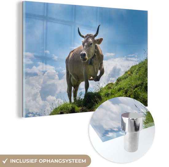 MuchoWow® Peinture sur verre 150x100 cm - Peinture sur verre acrylique - Vache - Herbe - Alpes - Photo sur verre - Peintures