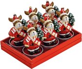 Set van 6 Schattige Rendier Waxinelichtjes - kleine kaarsjes in de vorm van een rendier met een kerstboompje, kerstmuts en sjaal