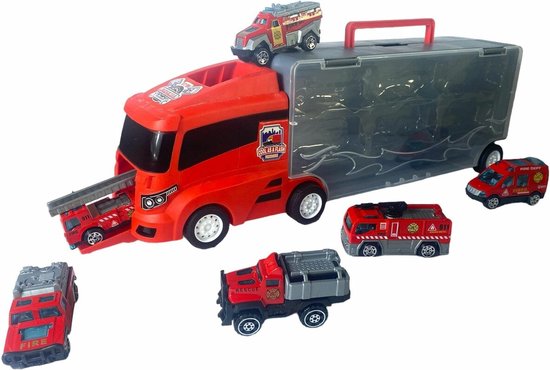 Brandweer vrachtwagen set - transporter - 6-delig koffer set - Container Truck - 36.4 cm van Speelgoedwereld — afbeelding 2