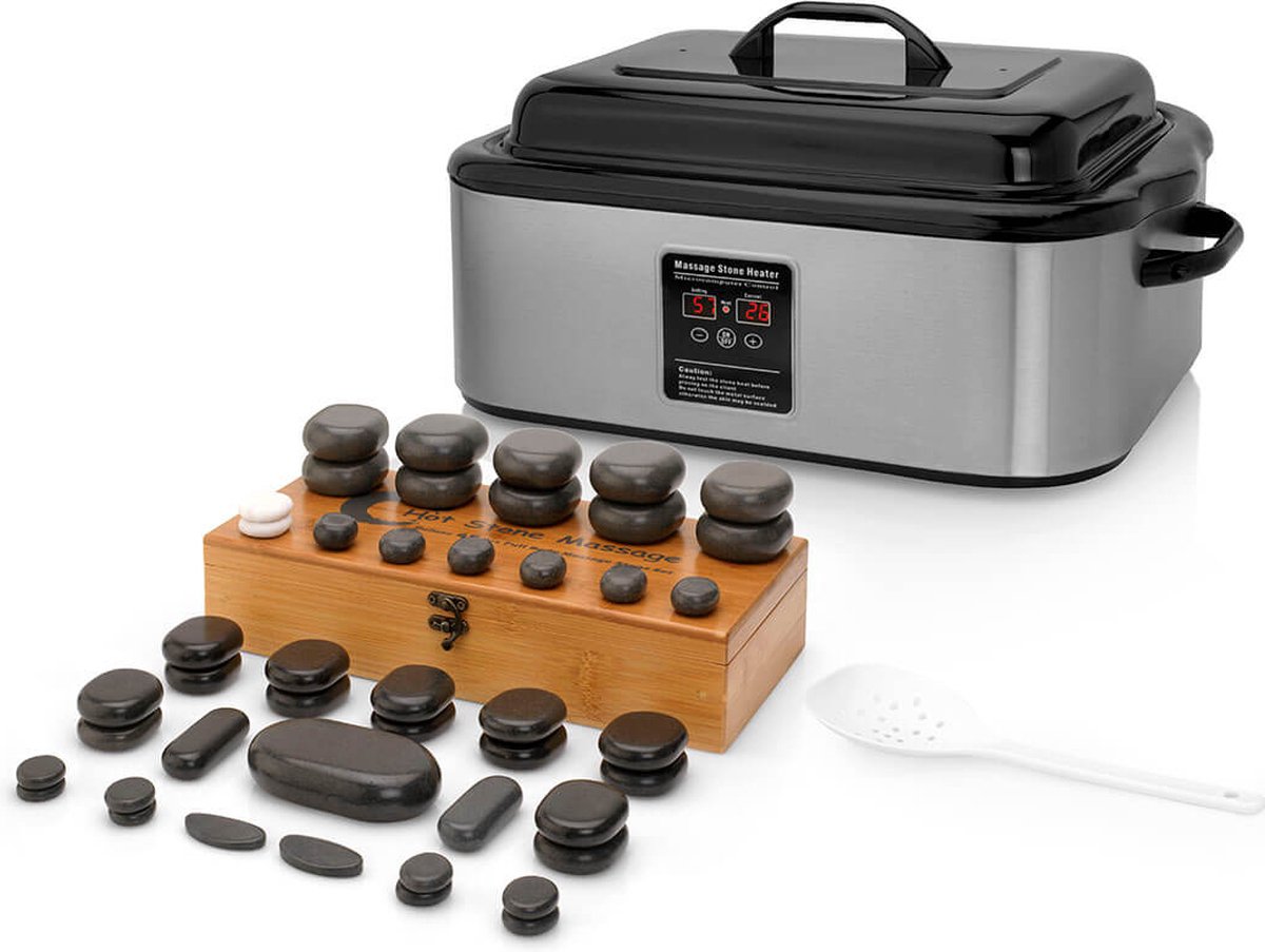 Goedkoopste ZenGrowth® Hotstoneset – 45 Hotstones – 18 Liter Hotstone Heater – Inclusief Houten Lepel – Elektronisch display – Snelle opwarmtijd – Digitale temperatuurregeling – 100 basaltsteen