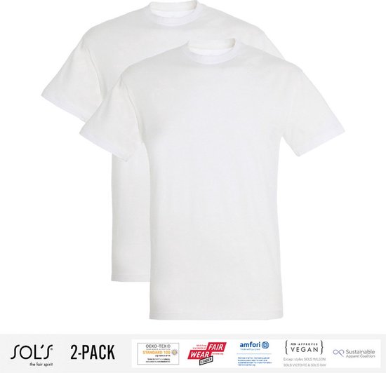 2 Pack Sol's Heren T-Shirt 100% biologisch katoen Ronde hals wit Maat S
