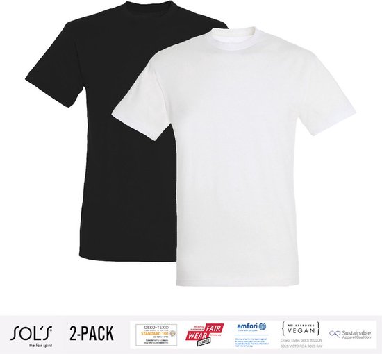 2 Pack Sol's Heren T-Shirt 100% biologisch katoen Ronde hals Zwart en Wit Maat M